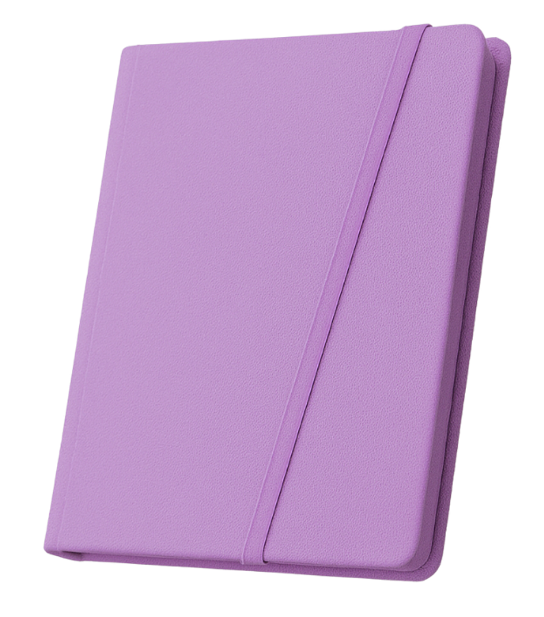 Purple closed notebook or journal with an elastic band.