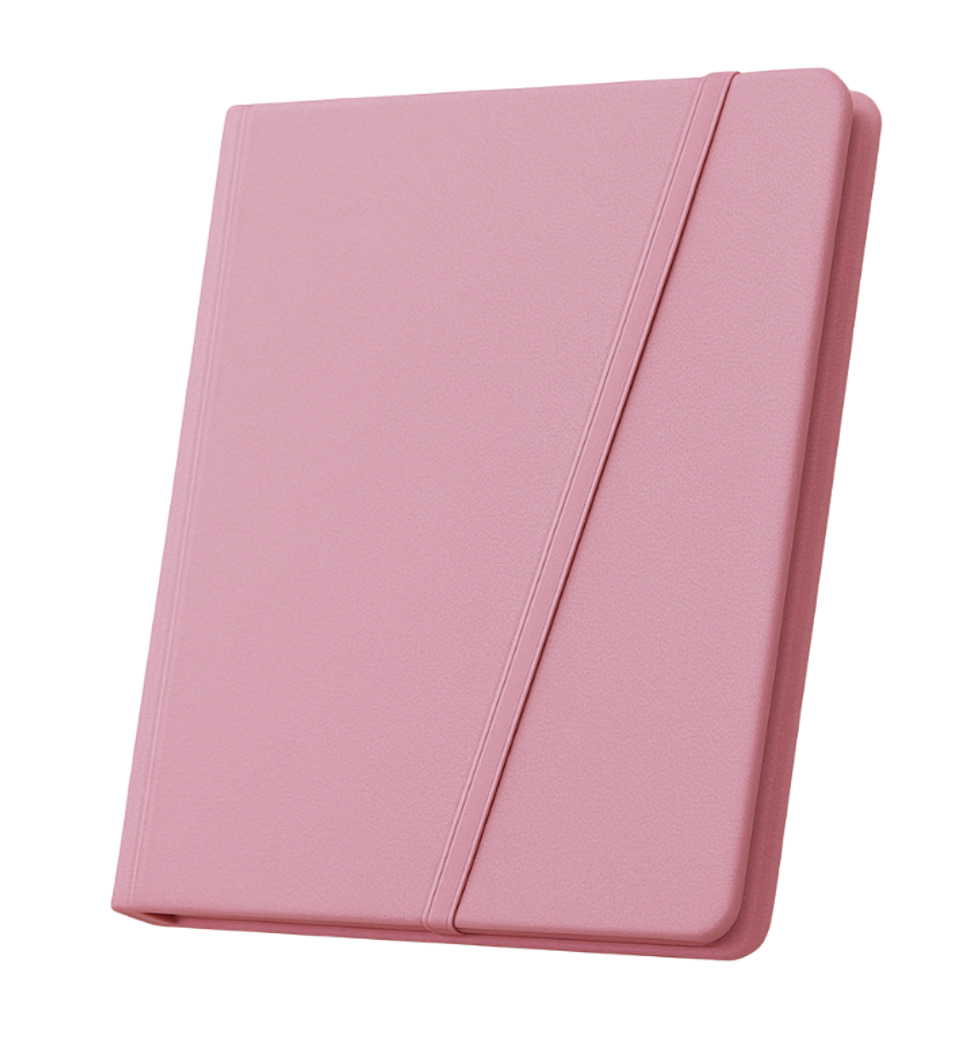 A closed pink notebook with a textured cover and a diagonal elastic band closure.