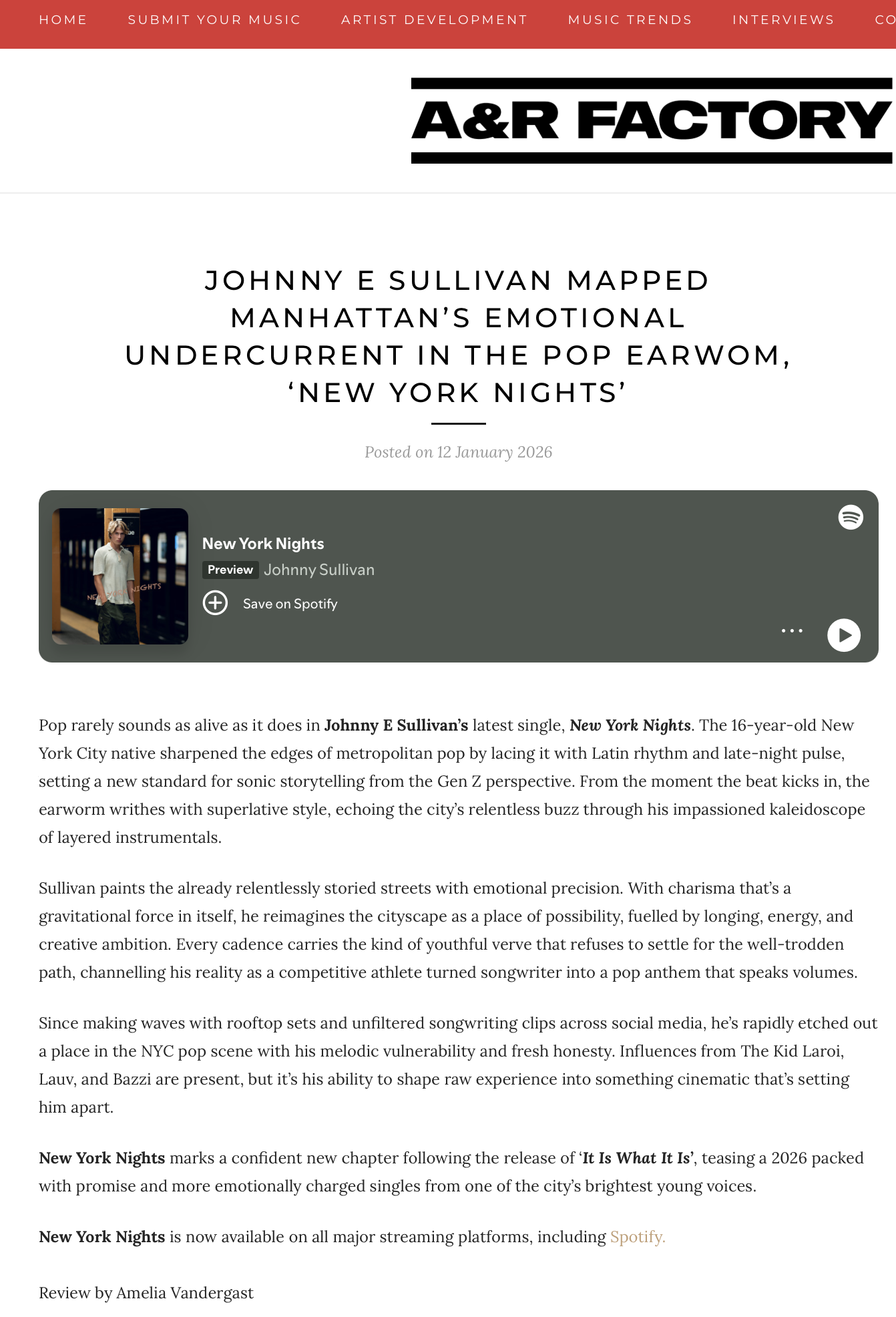 Review from A&R Factory featuring a review of Johnny Sullivan's song 'New York Nights,' with a Spotify player widget and article text describing the song and artist.