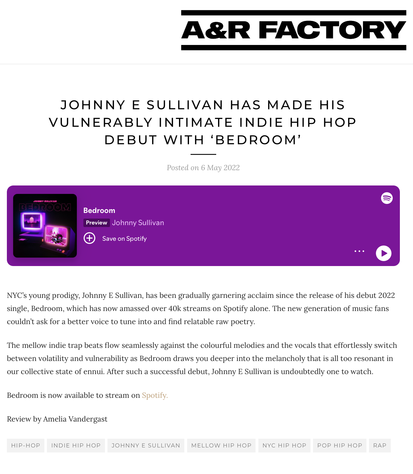 music review  from A&R Factory announcing Johnny Sullivan's indie hip hop debut album 'Bedroom' with a Spotify preview. The page includes a book review and tags for music genres.