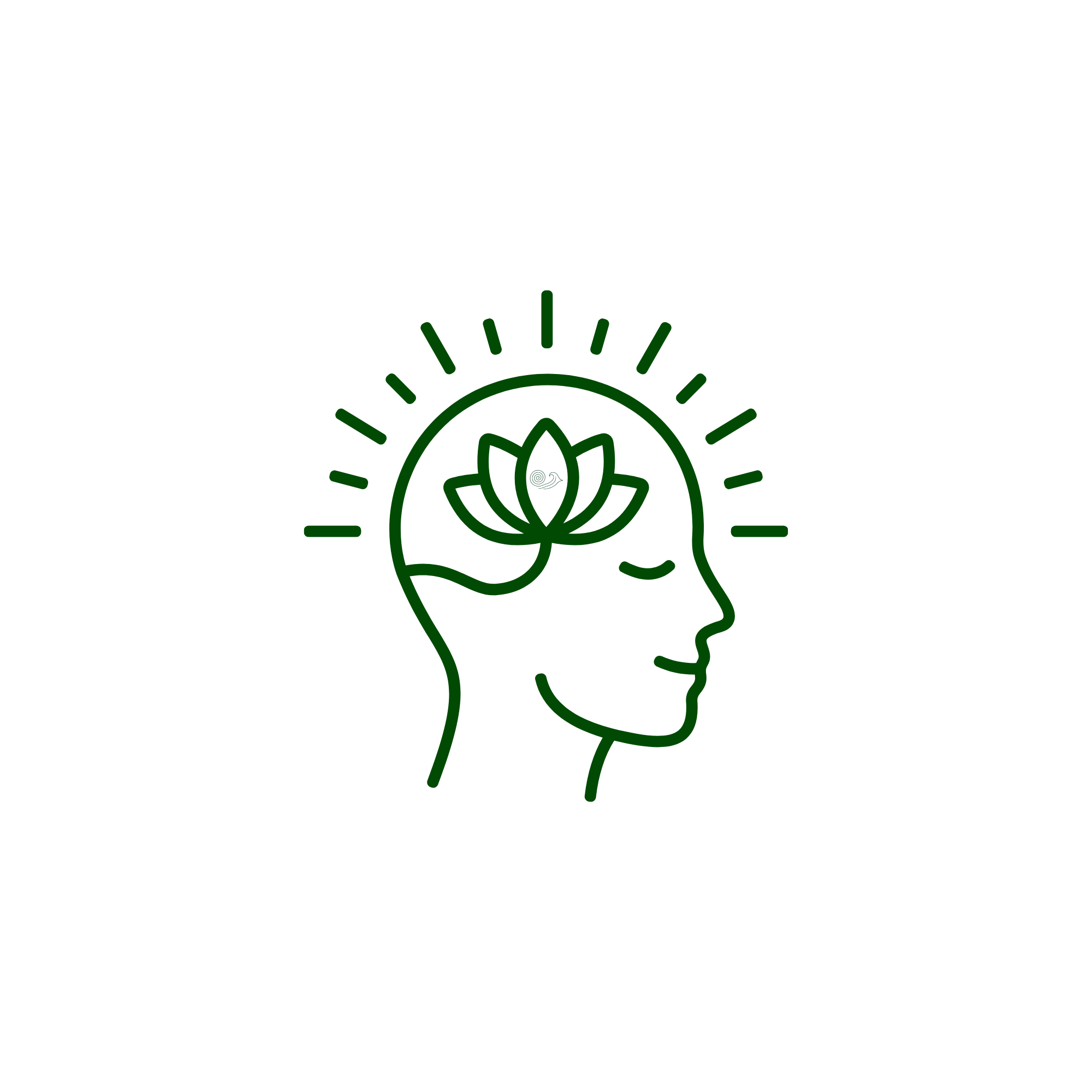 Outline of a human head with a lotus flower inside and rays emanating from the head, symbolising the unconscious mind