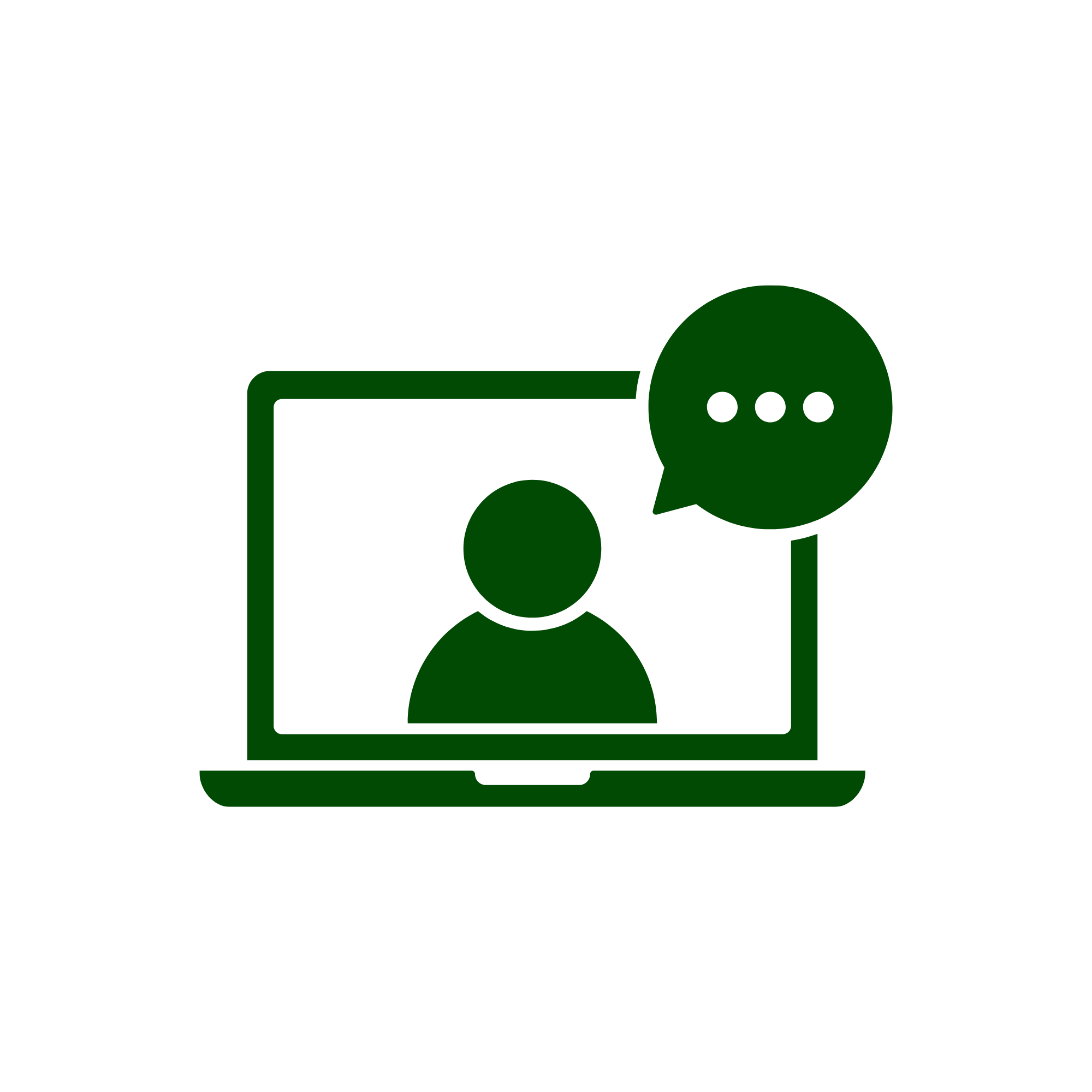 A green speech bubble icon with three dots inside, next to a green person silhouette inside a laptop outline.