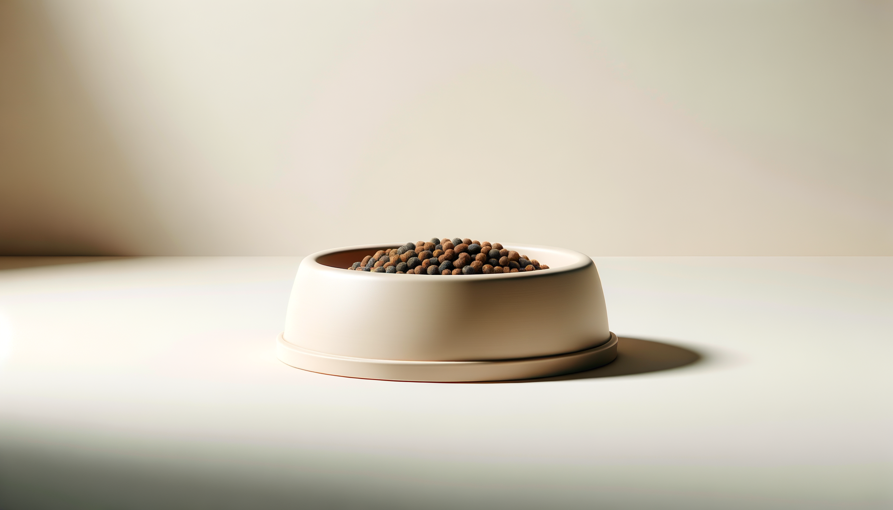 A beige pet bowl filled with small, round brown and black dry pet food on a light-colored surface.