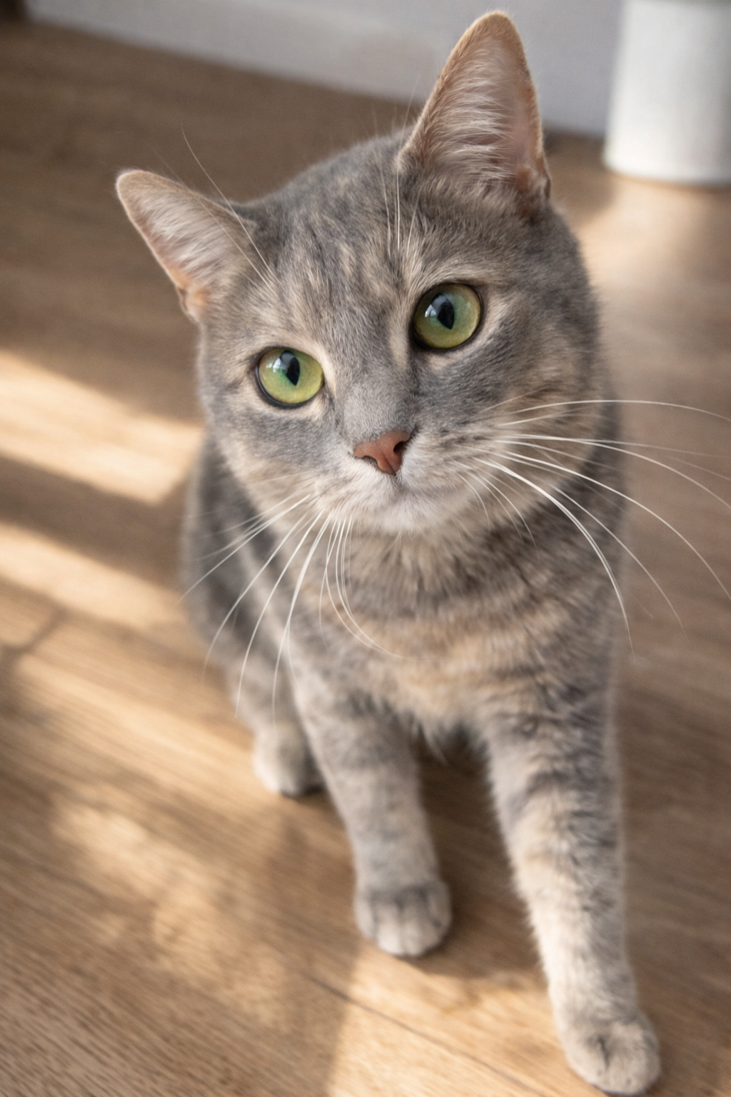 Close-up of a gray tabby cat with green eyes sitting on a wooden floor, looking directly at the camera.