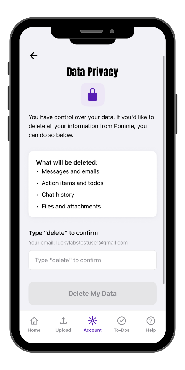 Mobile app screen displaying data privacy settings, with options to delete messages, emails, chat history, files, and attachments, and a confirmation input box.
