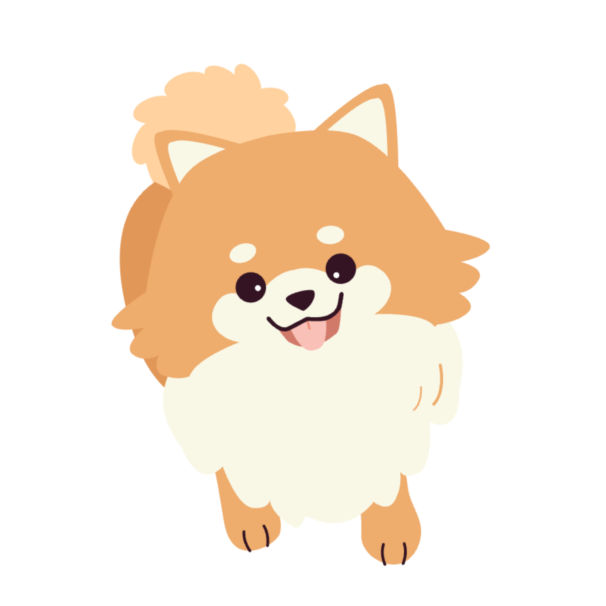 Cute cartoon illustration of a fluffy dog with a smiling face, big black eyes, and a pink tongue sticking out, standing on all fours.