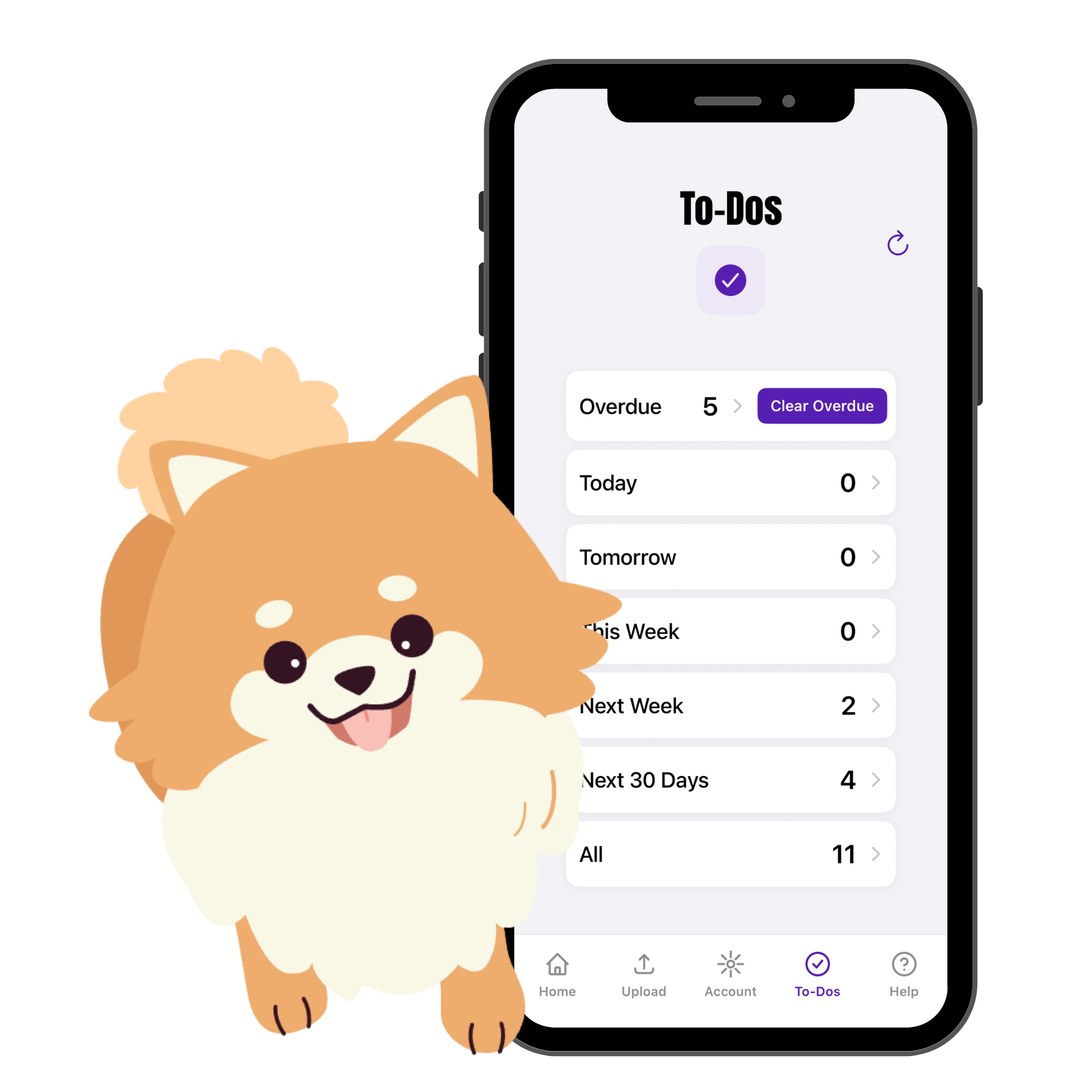 Smartphone displaying a to-do list app with overdue tasks and options to clear or view tasks for today, tomorrow, this week, next week, next 30 days, or all. Next to the phone is a cute, cartoon-style dog with a fluffy cream and light brown coat, big eyes, and a cheerful expression.