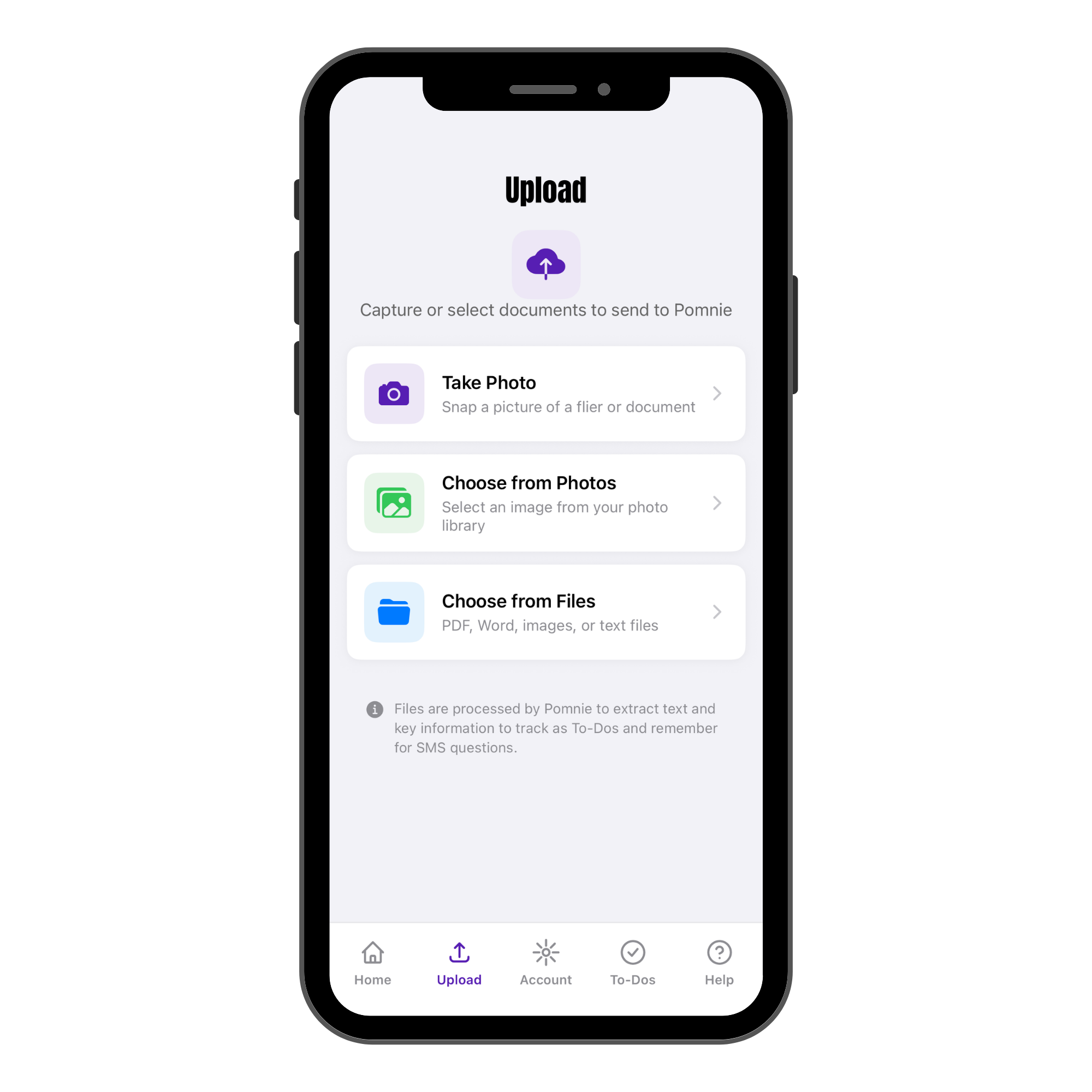 Mobile app screen showing options to upload documents: 'Take Photo', 'Choose from Photos', and 'Choose from Files' with navigation bar at the bottom including Home, Upload, Account, To-Dos, and Help.