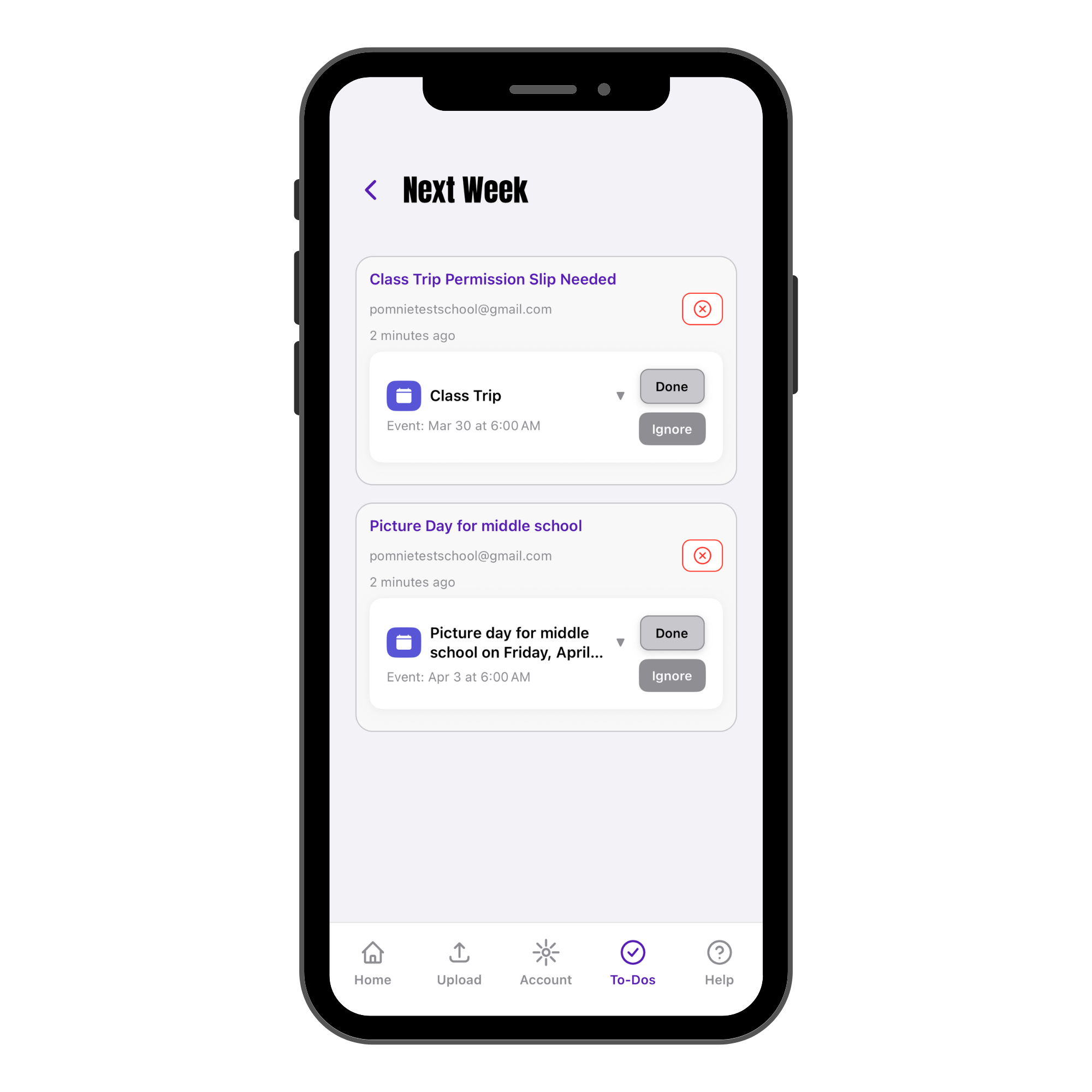 Mobile phone screen displaying a to-do list for next week, with tasks including a class trip permission slip and picture day for middle school, with options to mark them done or ignore.