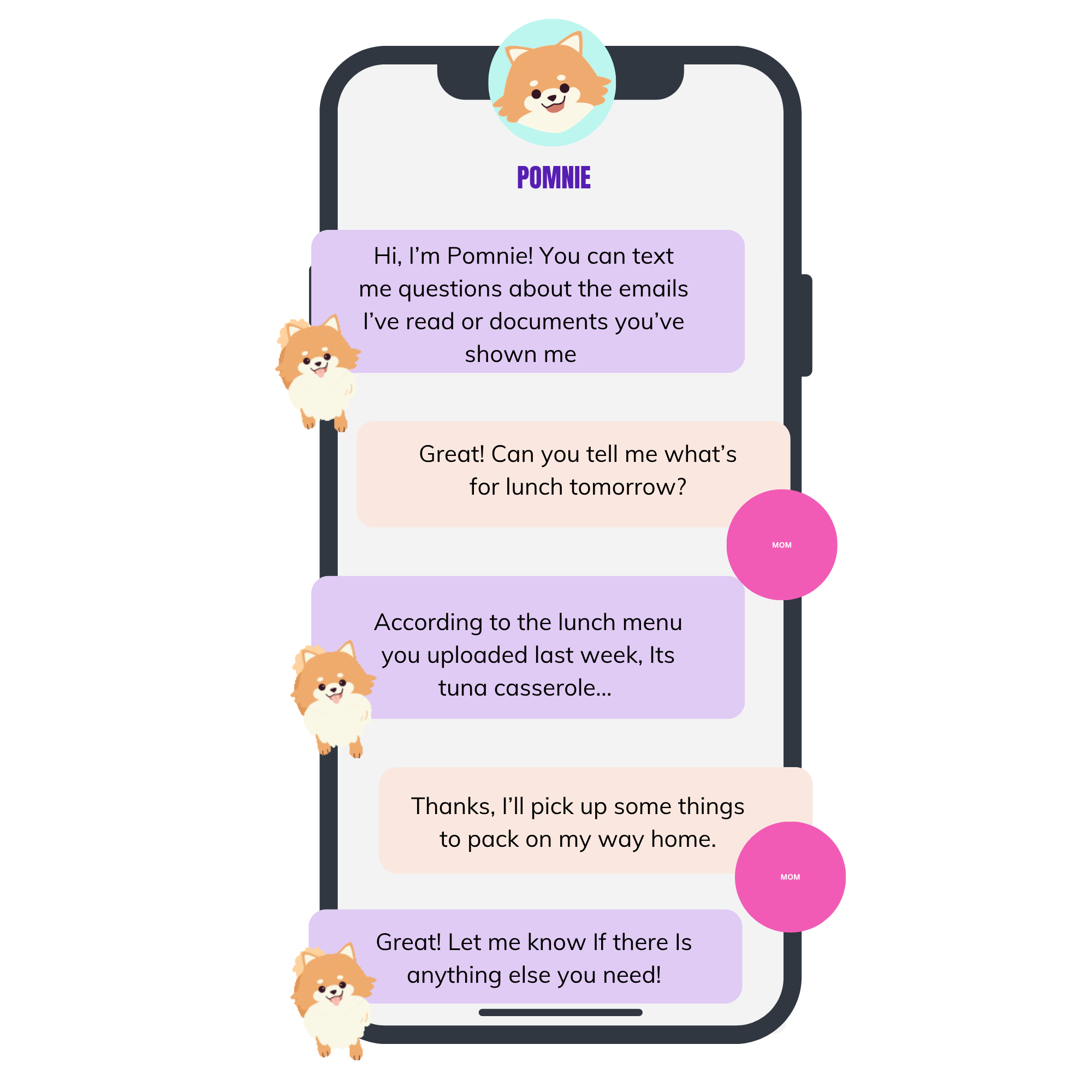 A text message conversation on a smartphone screen between a character named Pomnie and their mom. Pomnie, represented by a cute dog avatar, discusses reading emails and documents, lunch plans, a tuna casserole, packing, and offers additional help.