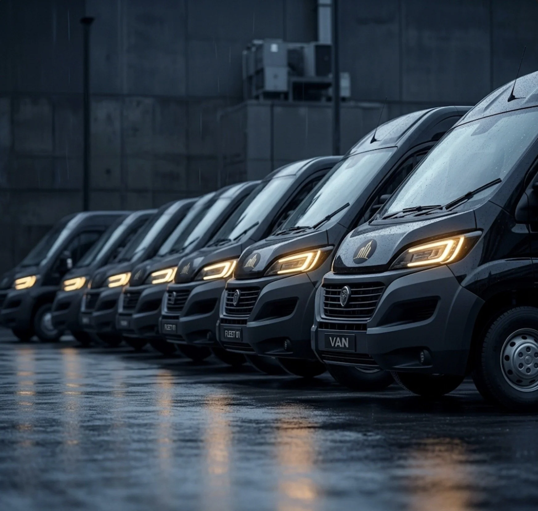 A row of parked black Urbious vans, some with reflective rain droplets on the surface, on a wet pavement in an urban parking lot during overcast weather.