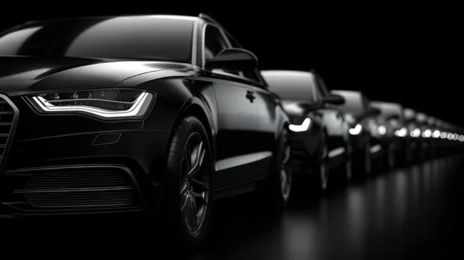 A lineup of sleek, black Urbious luxury cars in a dark setting, with their headlights illuminated.