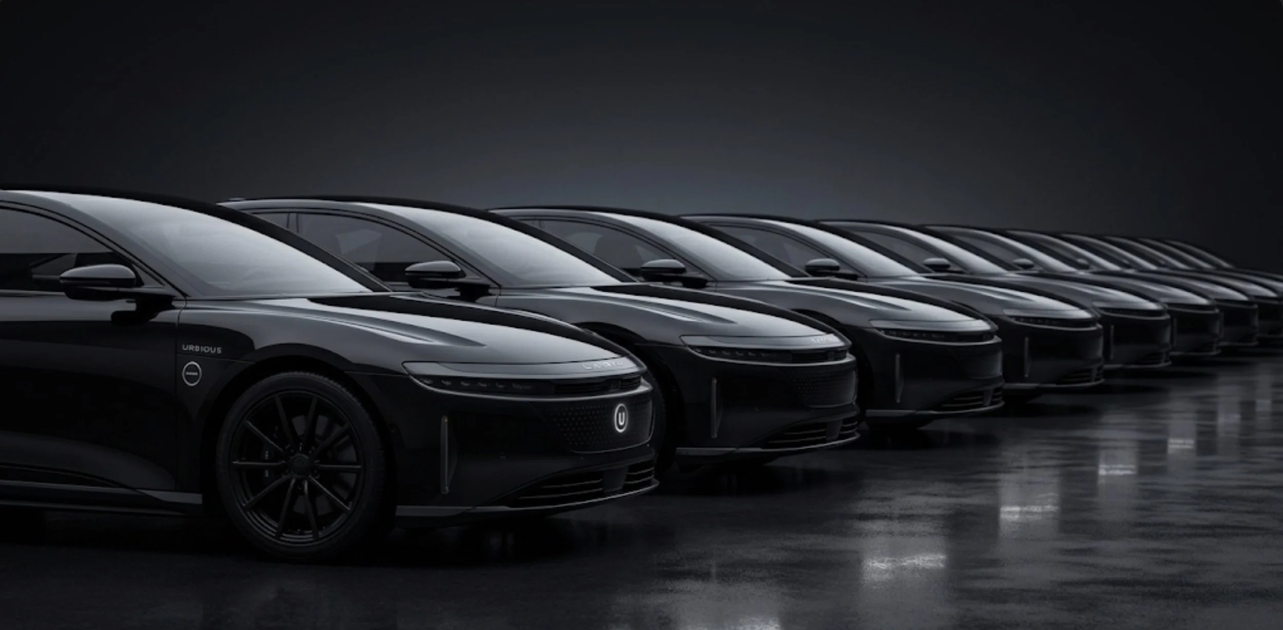 Multiple black Urbious electric cars lined up in a dark showroom or parking lot with a reflective floor.