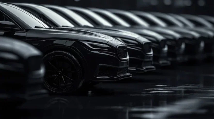 A row of black Urbious luxury cars parked in a dark, shiny setting, with reflections on the ground.