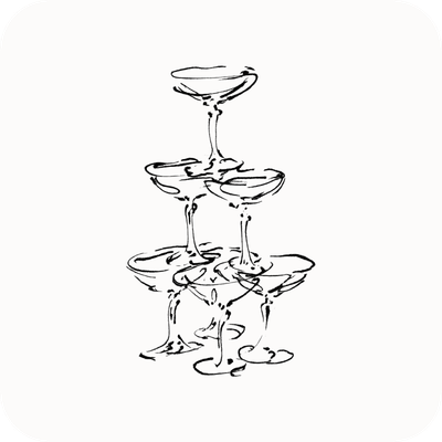 Drawing of a pyramid of stacked martini glasses.