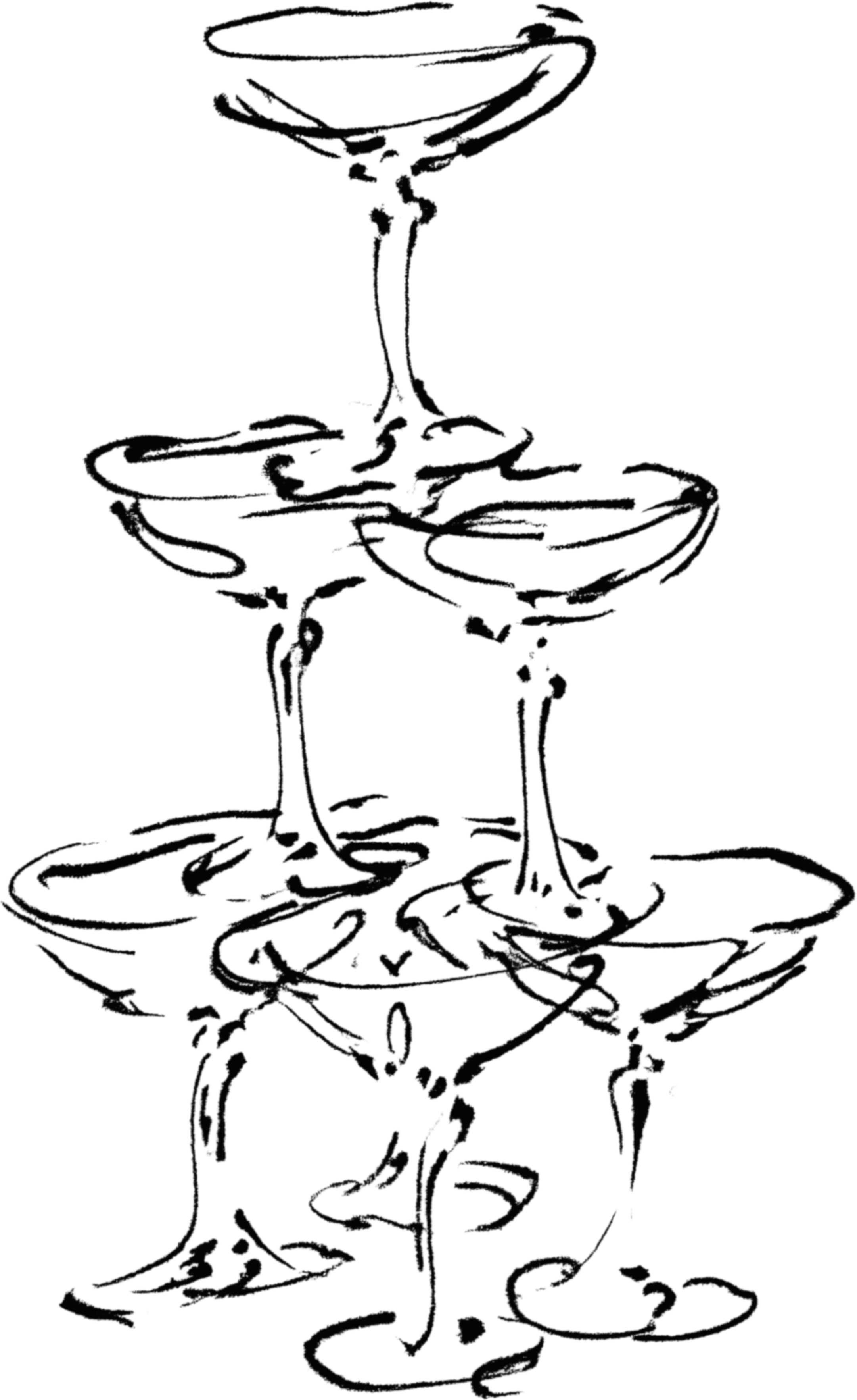 A black-and-white sketch of two wine glasses filled with wine, with one slightly behind the other, placed on a surface with a shadow beneath.