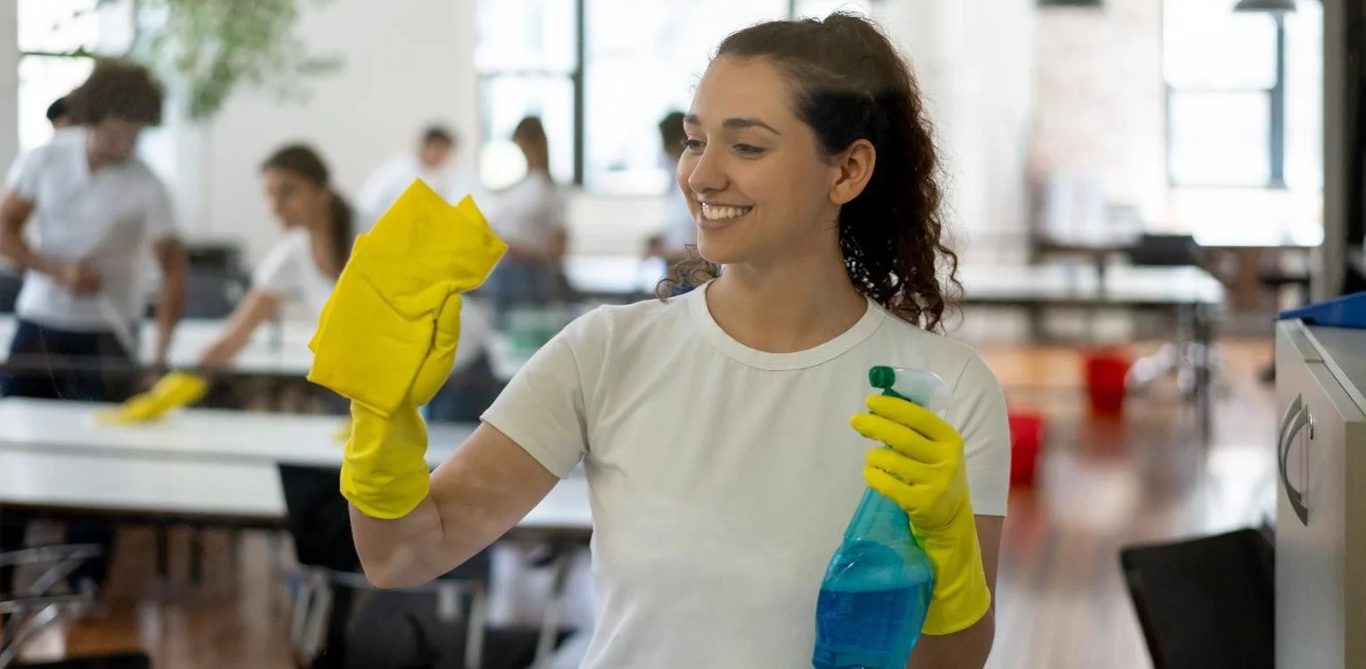 Smiling woman cleaning with yellow gloves and spray bottle in an office setting.