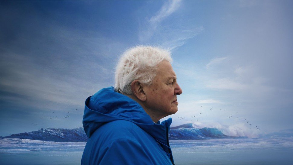 Older man with white hair in profile, wearing a blue jacket, standing outdoors against a backdrop of mountains, water, and a cloudy sky.