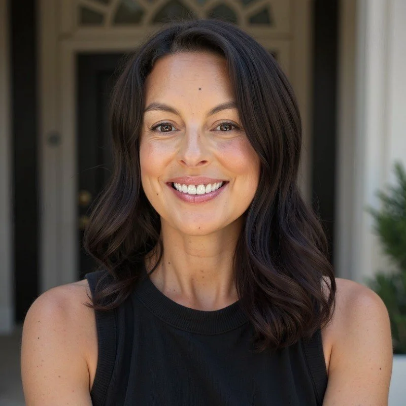 Portrait of a woman with shoulder-length dark brown hair, smiling, wearing a black sleeveless top, standing outdoors in front of a house with a porch and some greenery.