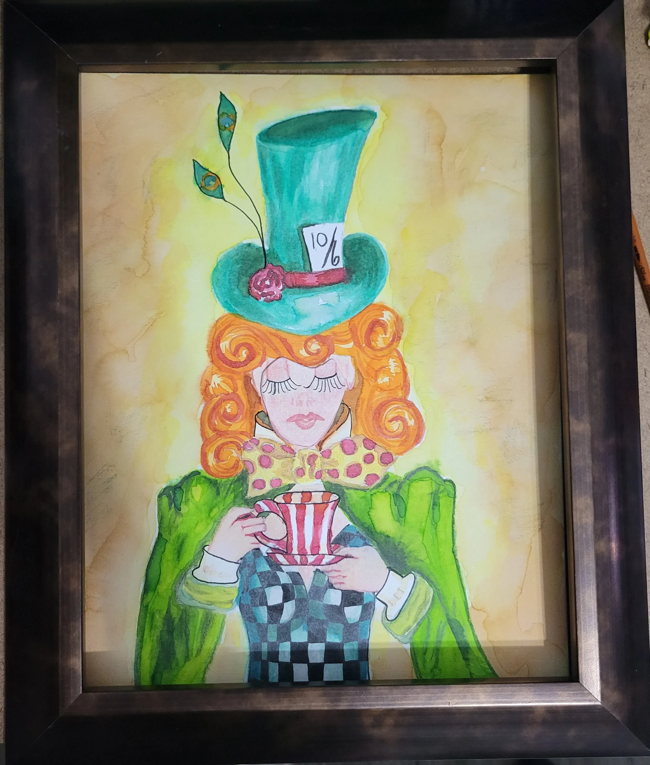 A colorful watercolor painting of a woman with bright orange curly hair holding a cup of coffee. She has closed eyes, long eyelashes, and a calm expression. The background is yellow and green, and the woman is wearing a green jacket and patterned shi
