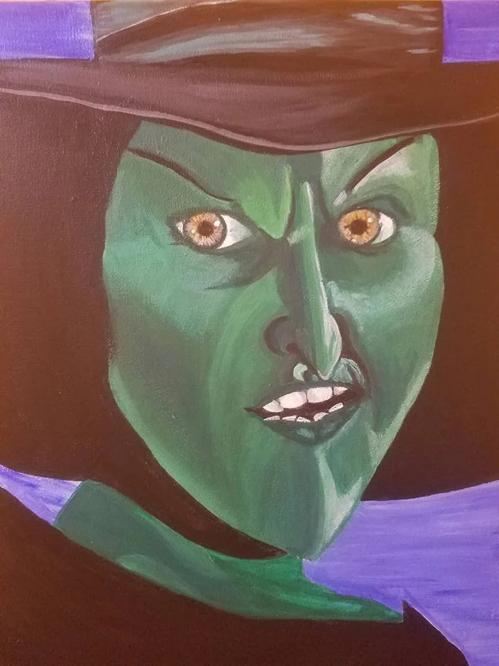 A painting of a woman with green skin, intense eyes, and a serious expression, wearing a large hat.