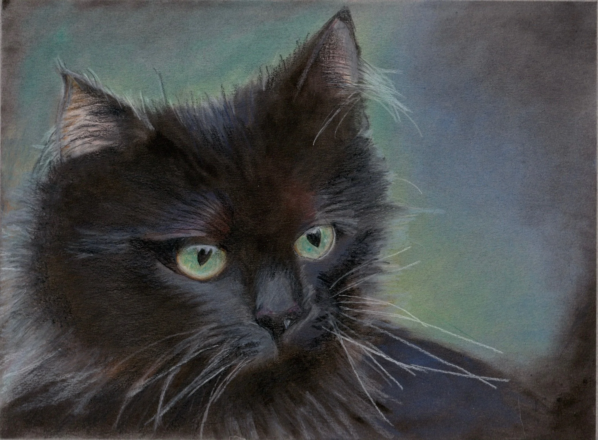 Close-up of a black cat with intense green eyes, partially hidden in darkness, with a soft-focus background.
