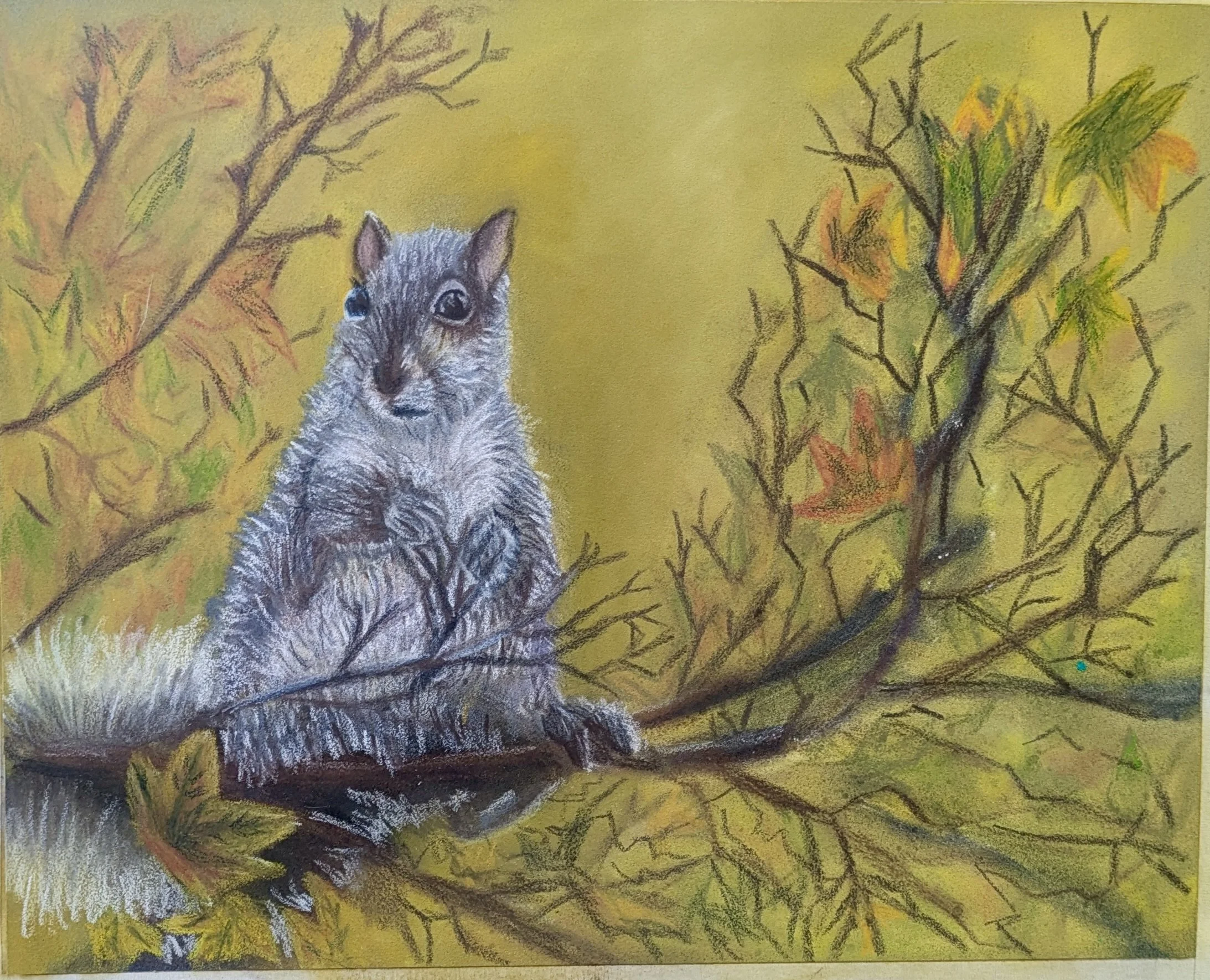 A colorful drawing of a fox sitting on a tree branch surrounded by autumn leaves, with a yellow background.