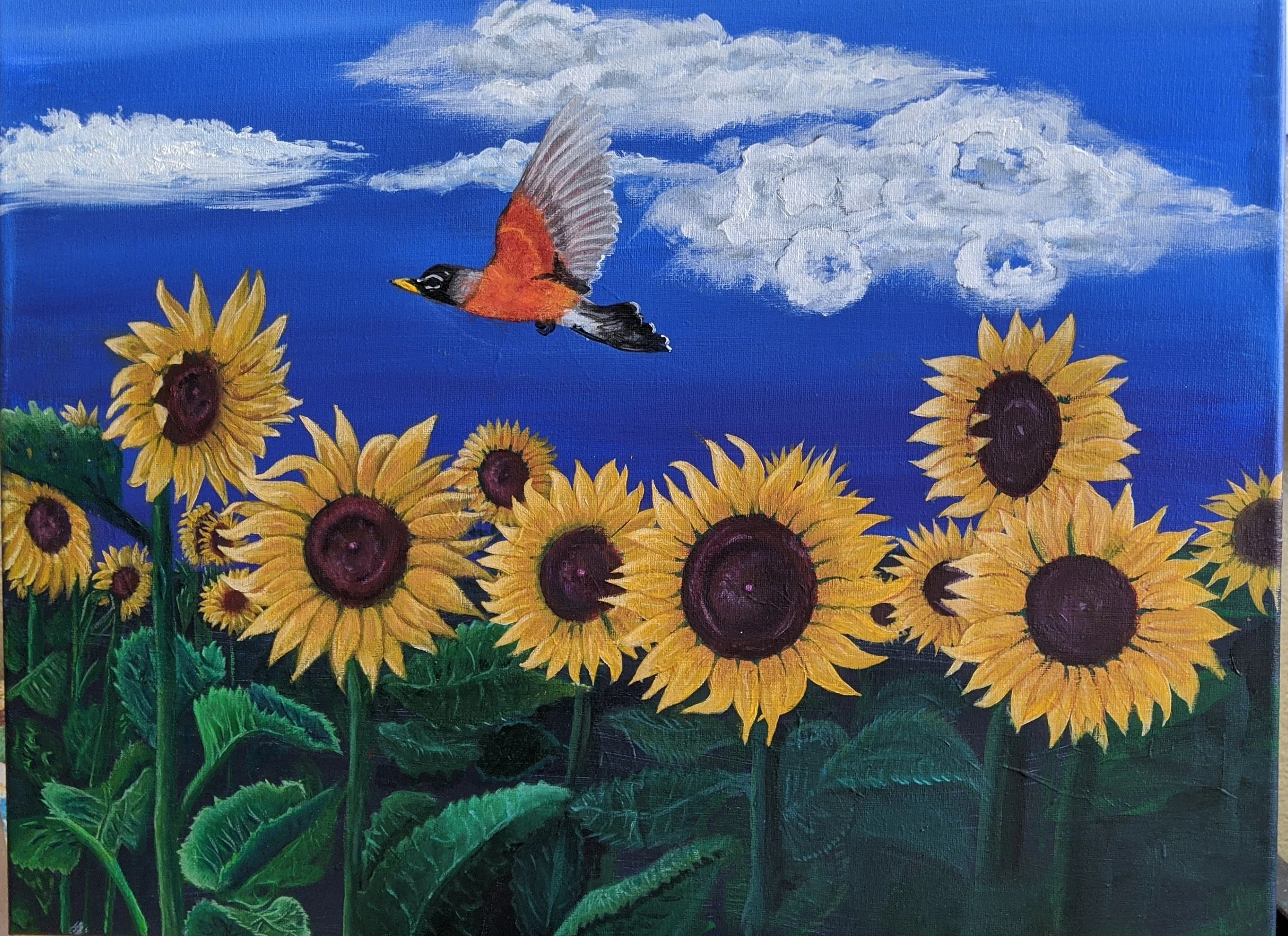 A colorful painting of a bird flying above a field of sunflowers against a blue sky with white clouds.