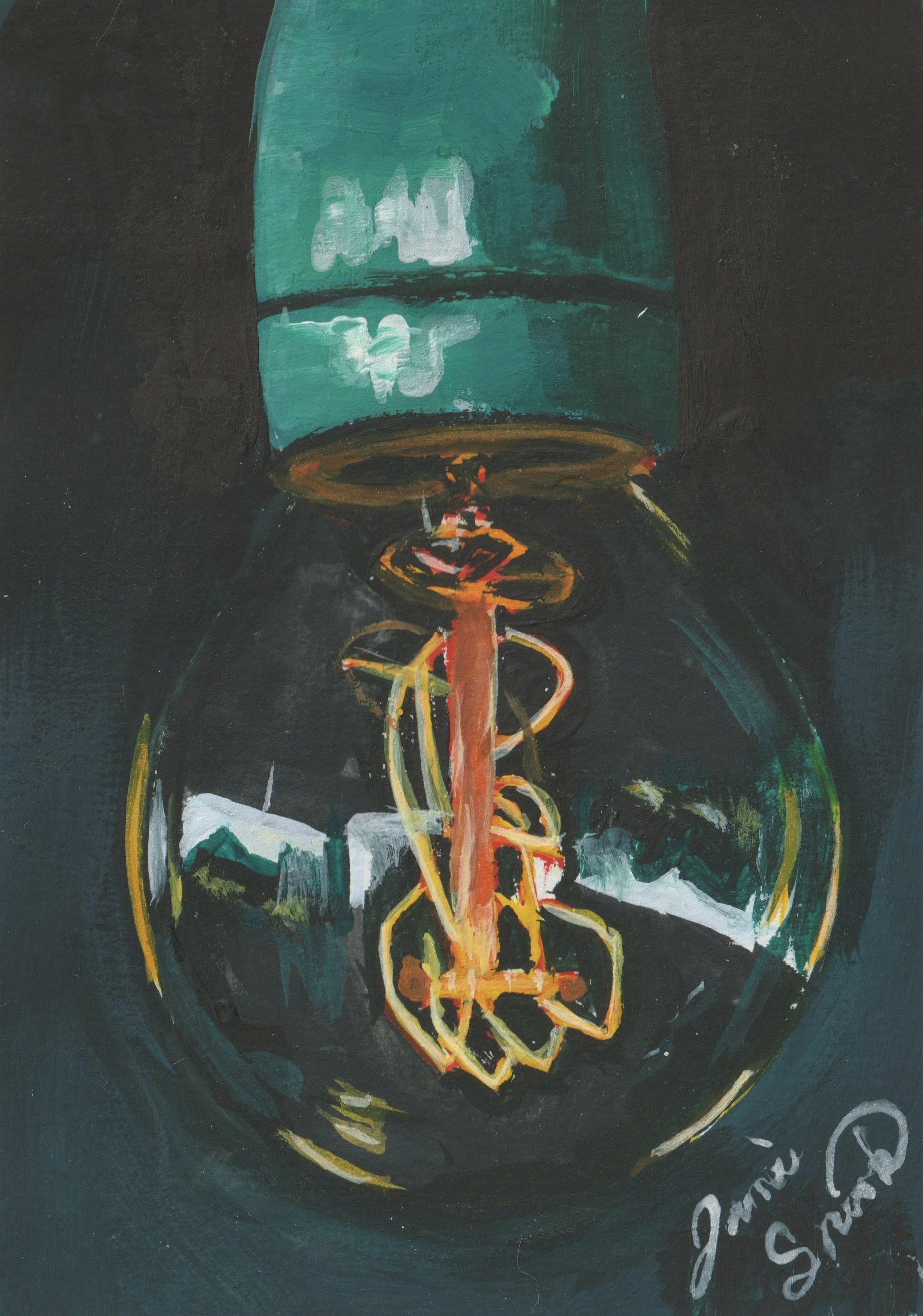 Painting of a lamp with a teal shade and a visible electrical cord and plug, set against a dark background.