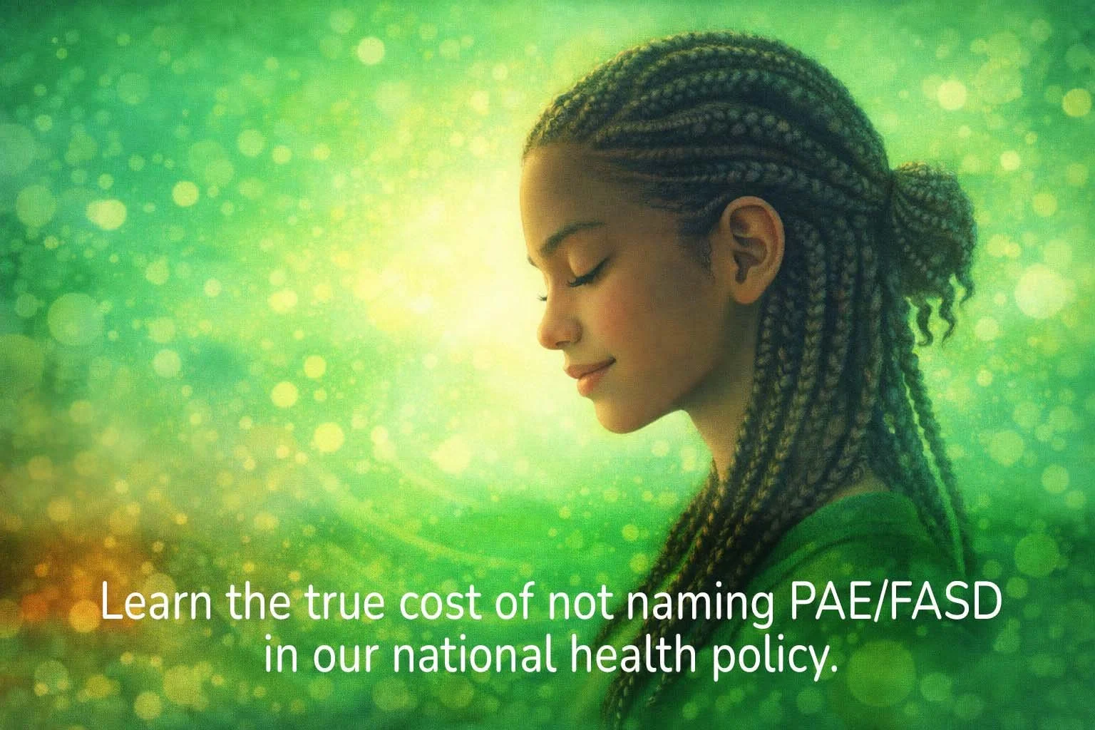 Profile of a woman with braided hair smiling softly with eyes closed against a green background with bokeh light effects. Text at the bottom reads: "Learn the true cost of not naming PAE/FASD in our national health policy."