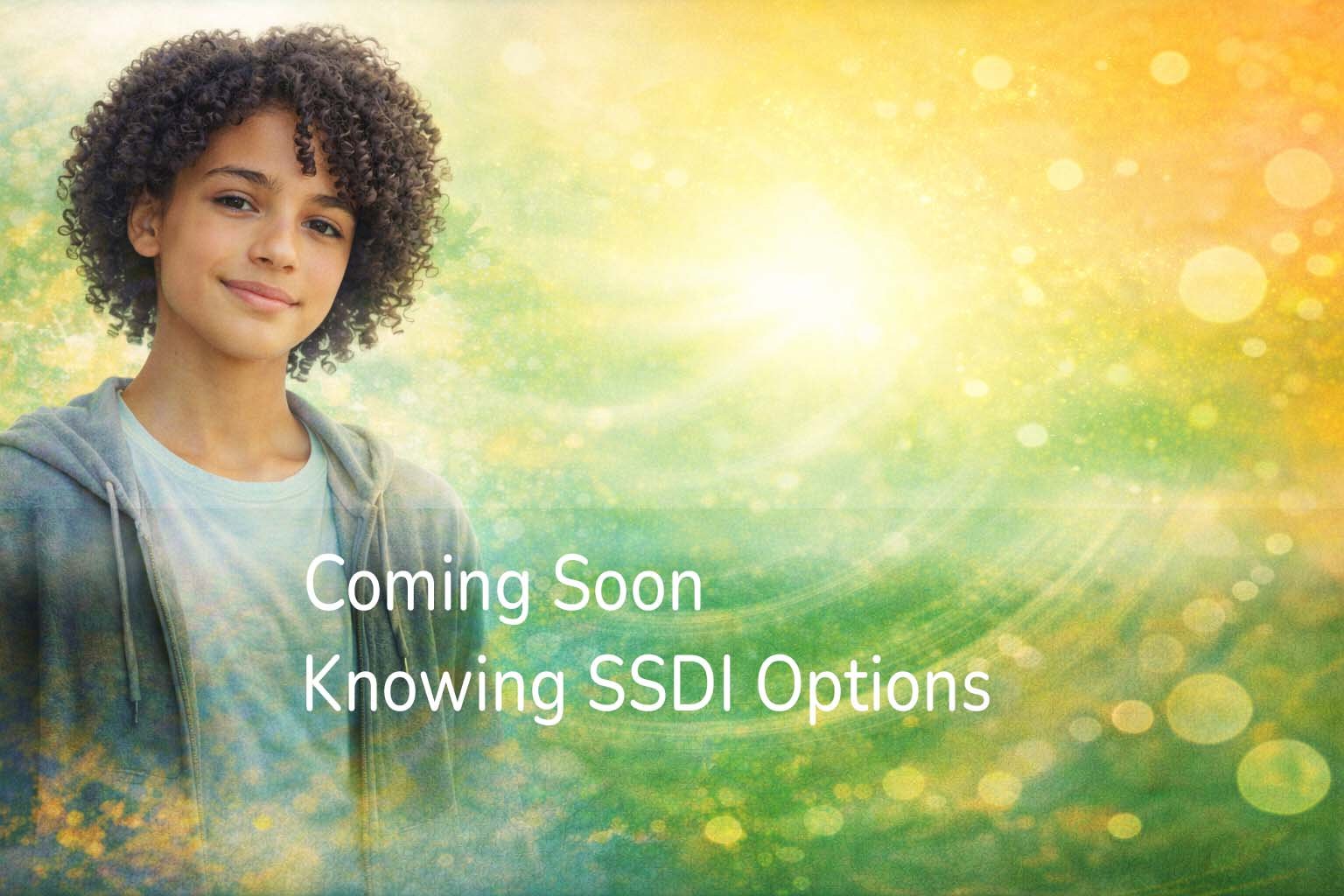 A smiling young person with dark curly hair wearing a gray hoodie and a light t-shirt, standing outdoors with a colorful, abstract background with green and yellow hues. Text on the image reads 'Coming Soon Knowing SSDI Options.'