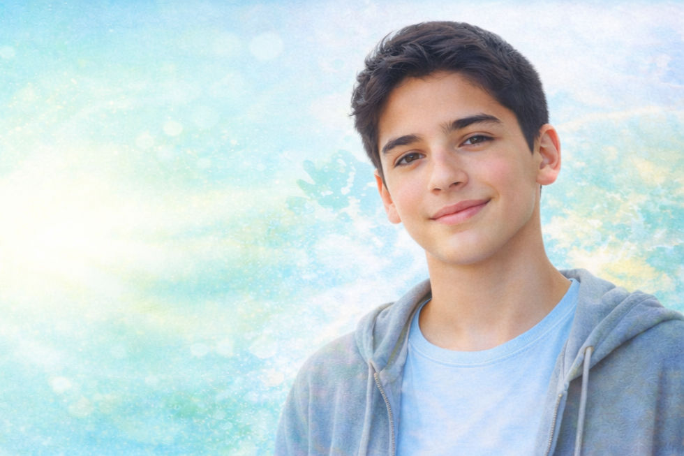 A teenage boy with dark hair, smiling, wearing a light blue t-shirt and a gray hoodie, standing outdoors against a bright, abstract background with light blue and white colors.