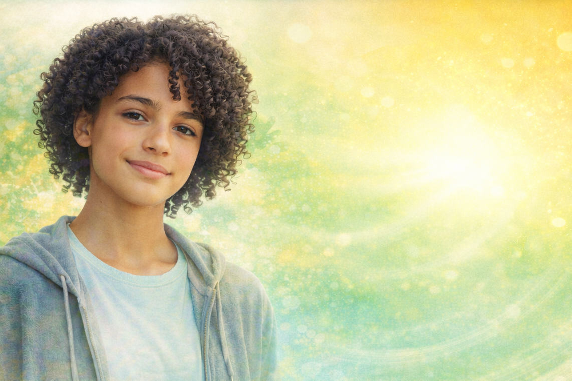 A smiling young girl with curly hair standing outdoors with sunlight and a green, yellow, and blue blurred background.