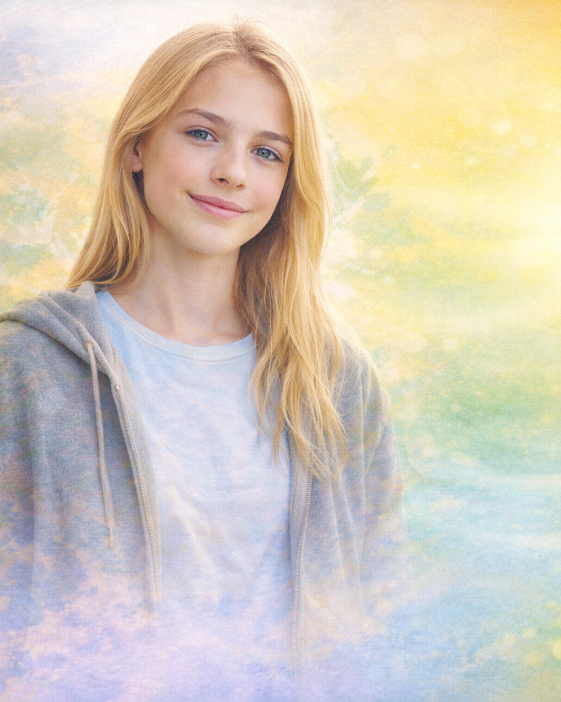 Young woman with long blonde hair wearing a gray hoodie and light blue shirt, standing outdoors with a blurred natural background, smiling gently.