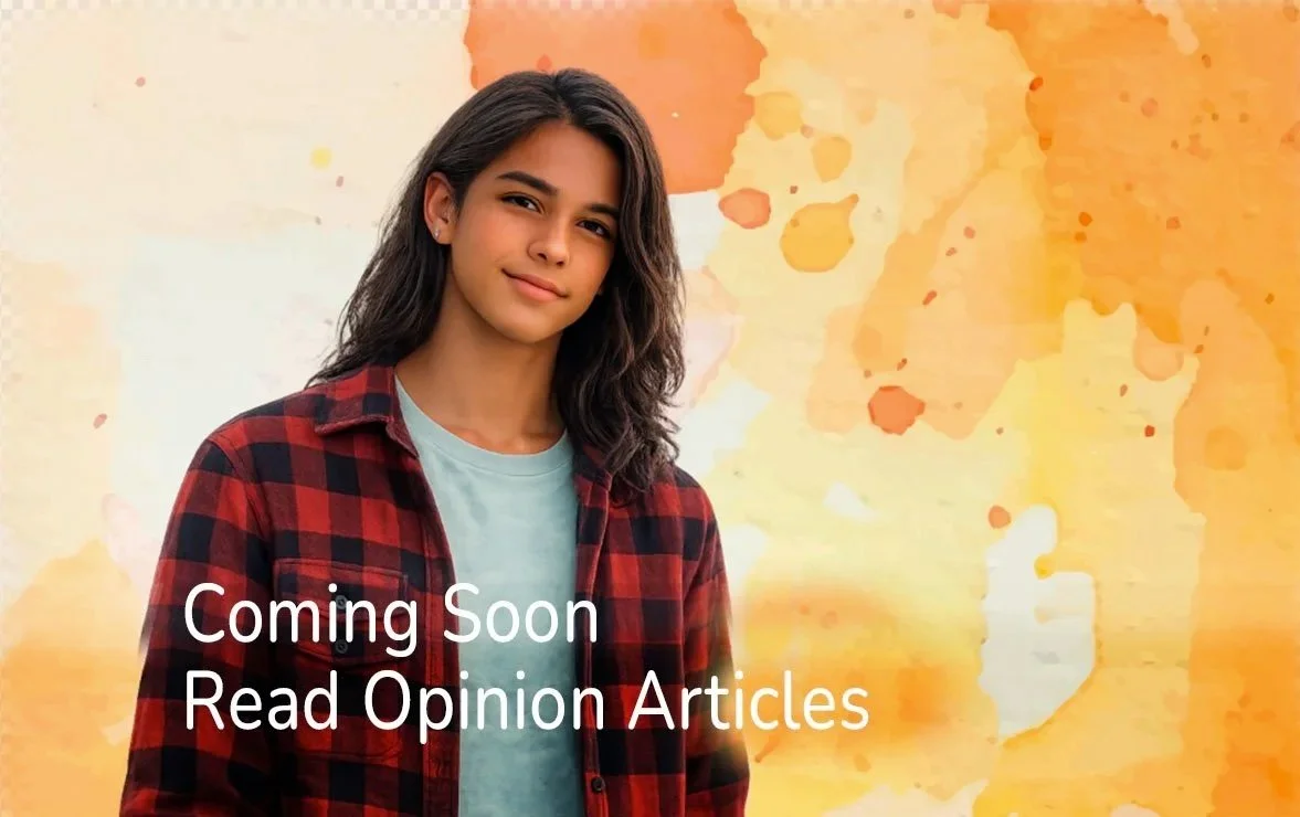 Young woman with dark wavy hair, wearing a red and black plaid shirt over a light blue t-shirt, standing in front of a colorful abstract background with orange and yellow watercolor splashes. Text overlay reads, "Coming Soon Read Opinion Articles."