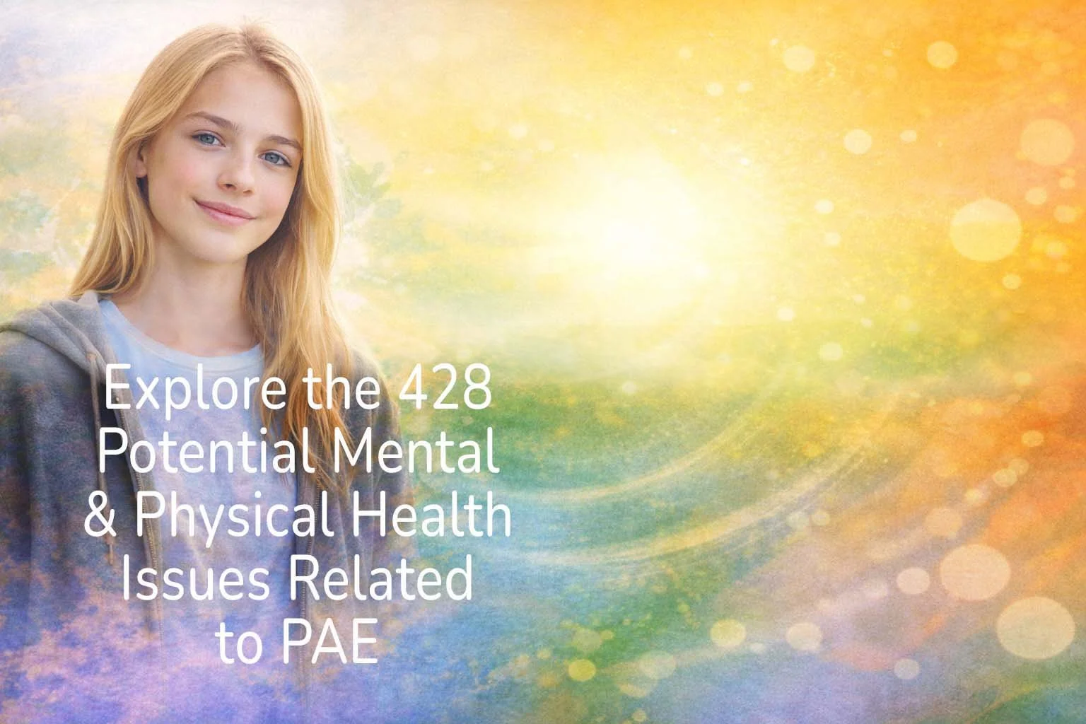 Young woman with long blonde hair standing outdoors with a colorful abstract background. Overlaid text reads: 'Explore the 428 Potential Mental & Physical Health Issues Related to PAE'.