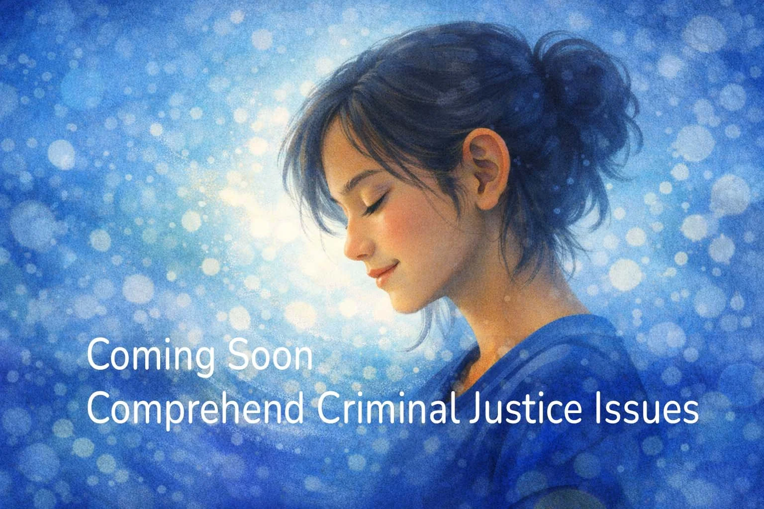 A young woman with closed eyes and a gentle smile, with her hair in a messy bun, set against a background of blue with sparkling light effects. Text overlay reads 'Coming Soon: Comprehend Criminal Justice Issues.'