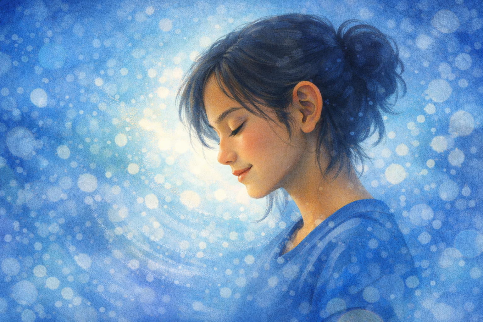 Digital artwork of a young woman with dark hair styled in a messy bun, eyes closed, smiling gently against a soft blue background with glowing bokeh effects.