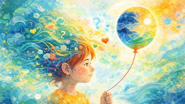 A young girl holding a kite string with a balloon-shaped kite, with floating hearts and question marks around her head, amid a colorful abstract background.