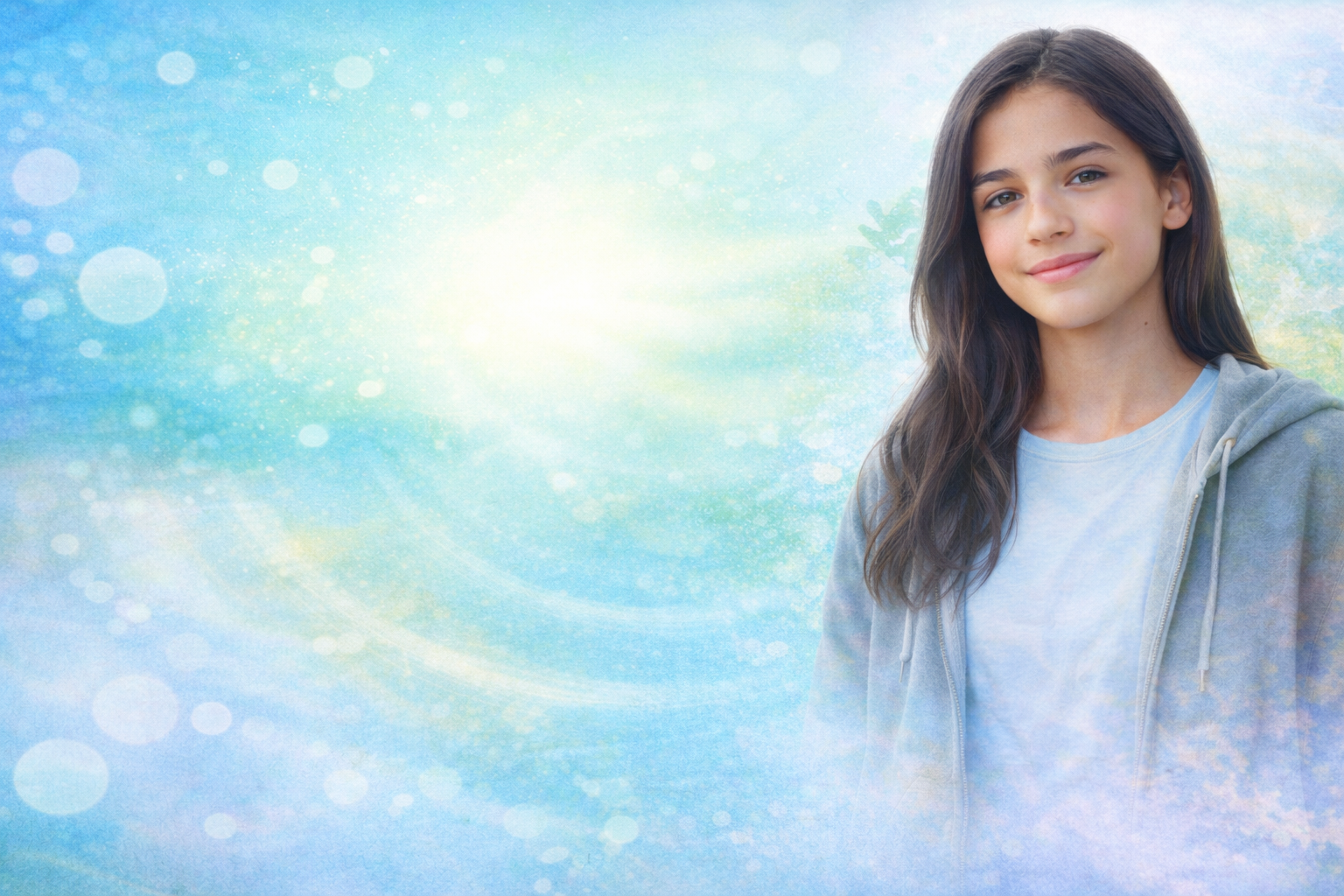A young girl with long dark hair wearing a light blue shirt and gray hoodie standing outdoors with a background of light blue and green with abstract bokeh and light effects.