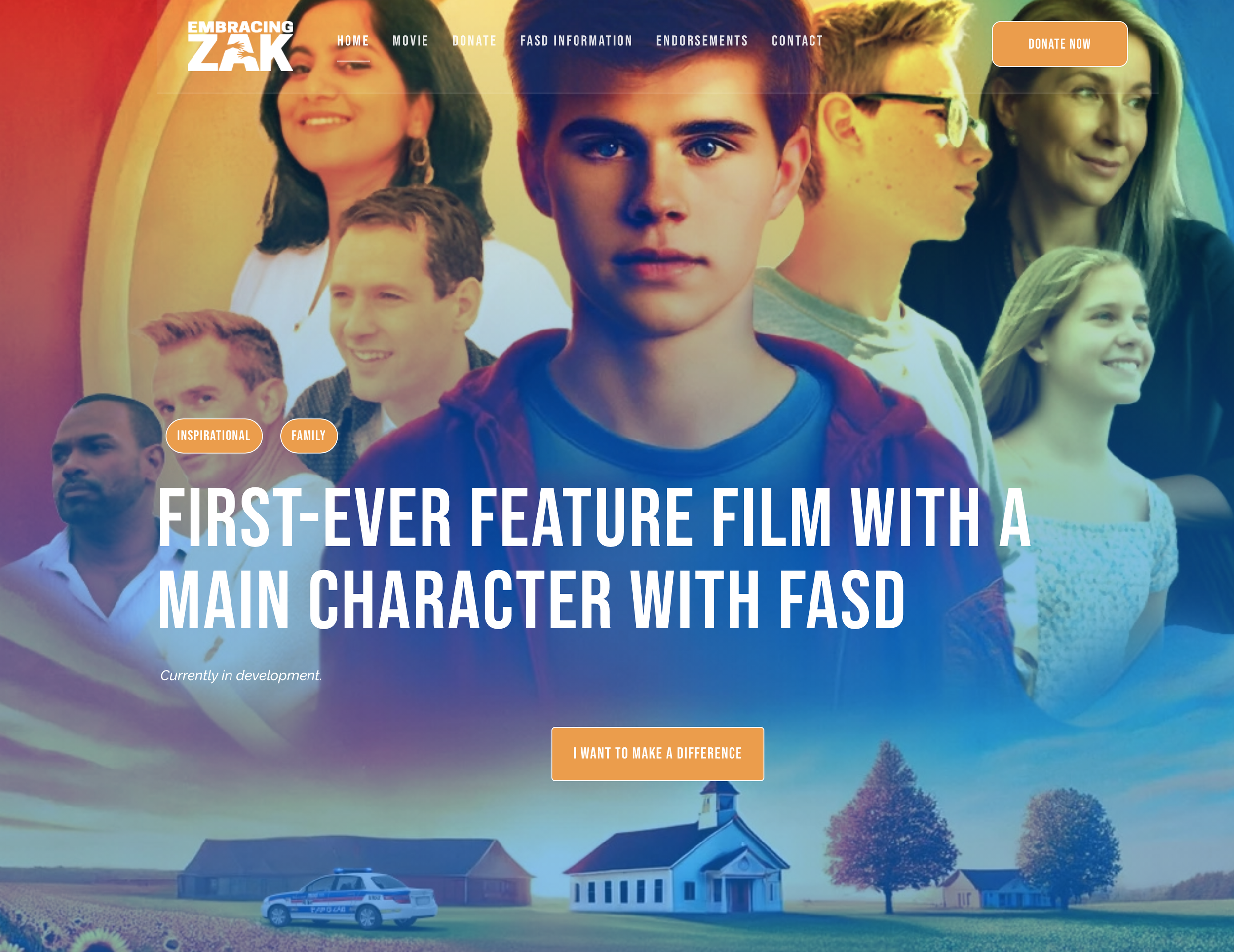 A colorful website homepage featuring a large image of diverse people, including young and older individuals, in a scenic outdoor setting with houses and trees. The page has a header with navigation links such as Home, Movie, Donate, FASD Information