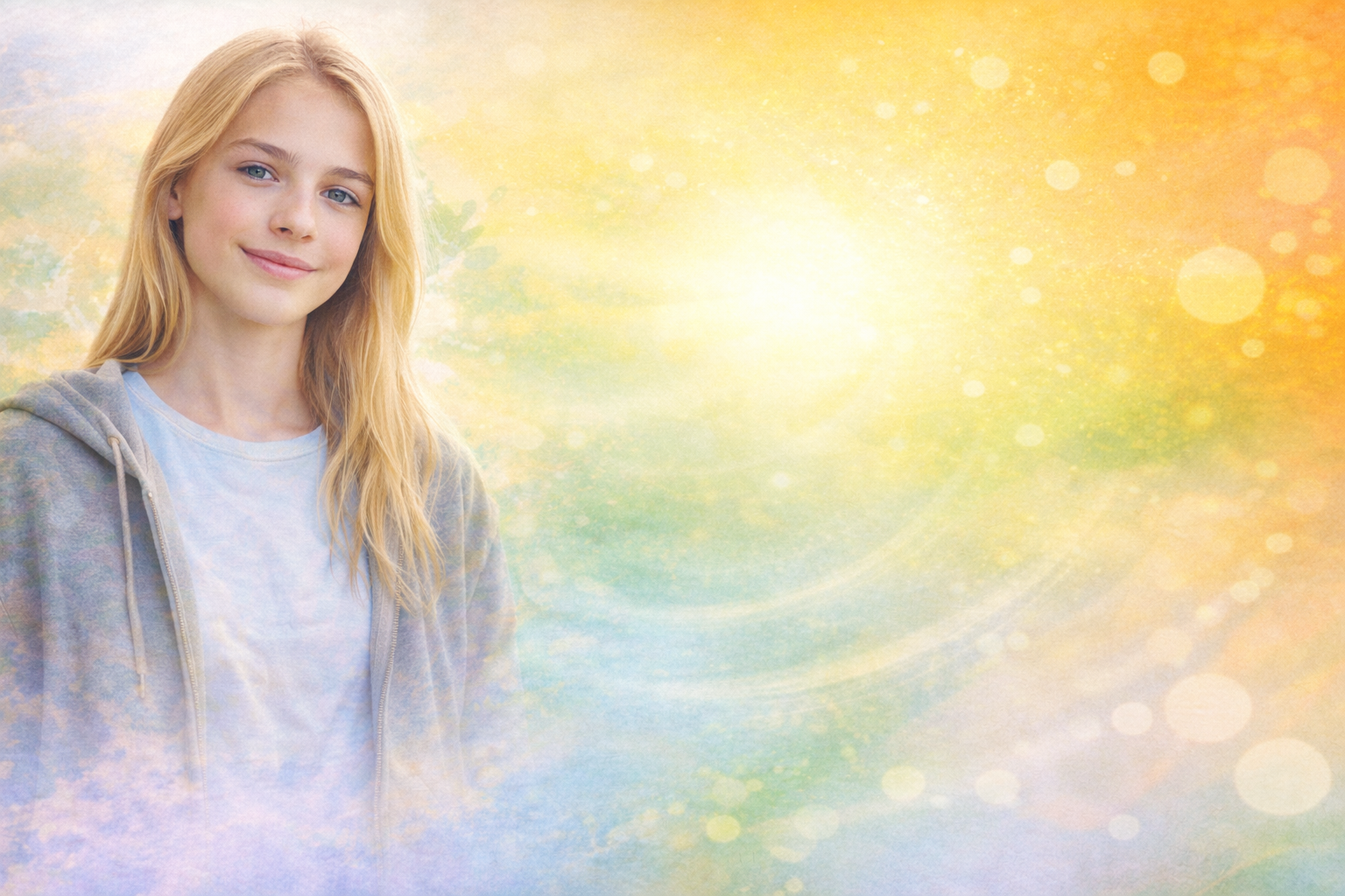 A young woman with long blonde hair wearing a light blue shirt and gray hoodie, standing outdoors with a blurred, colorful background.