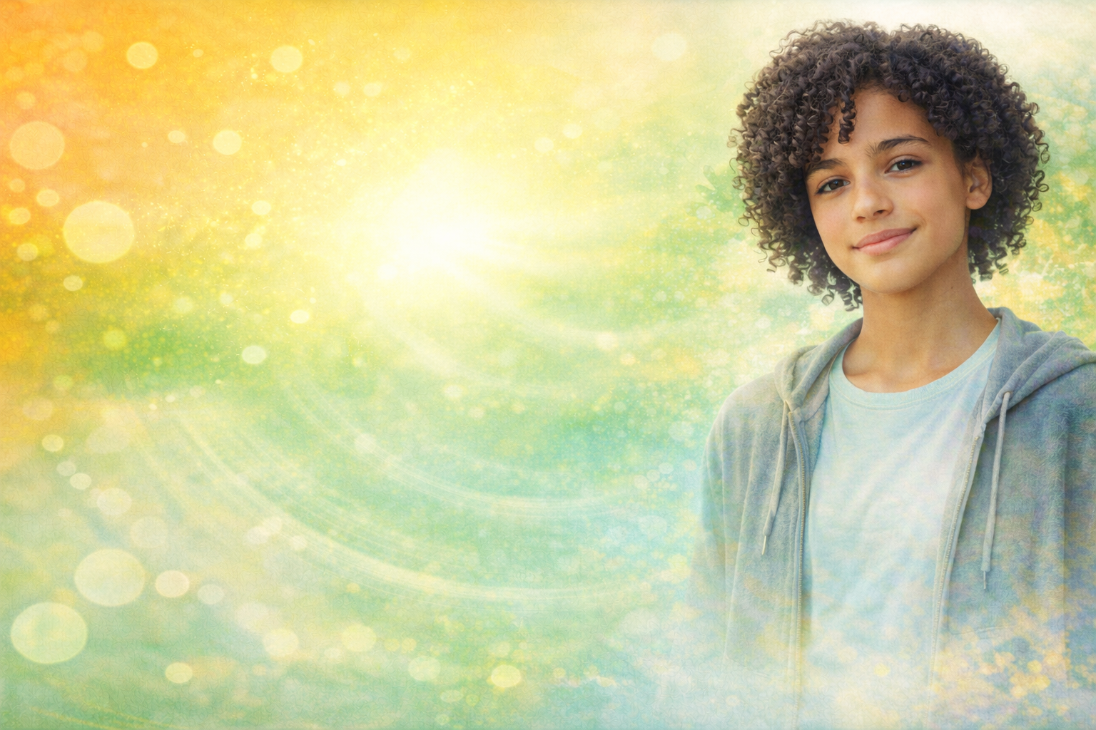 Young woman with curly hair smiling outdoors with a bright, colorful background.