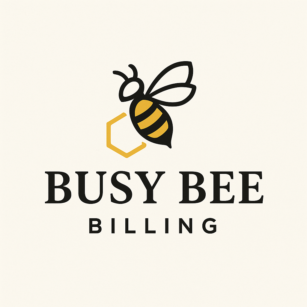 Logo with a honey bee and a honeycomb shape above the text 'Busy Bee Billing' on a white background.