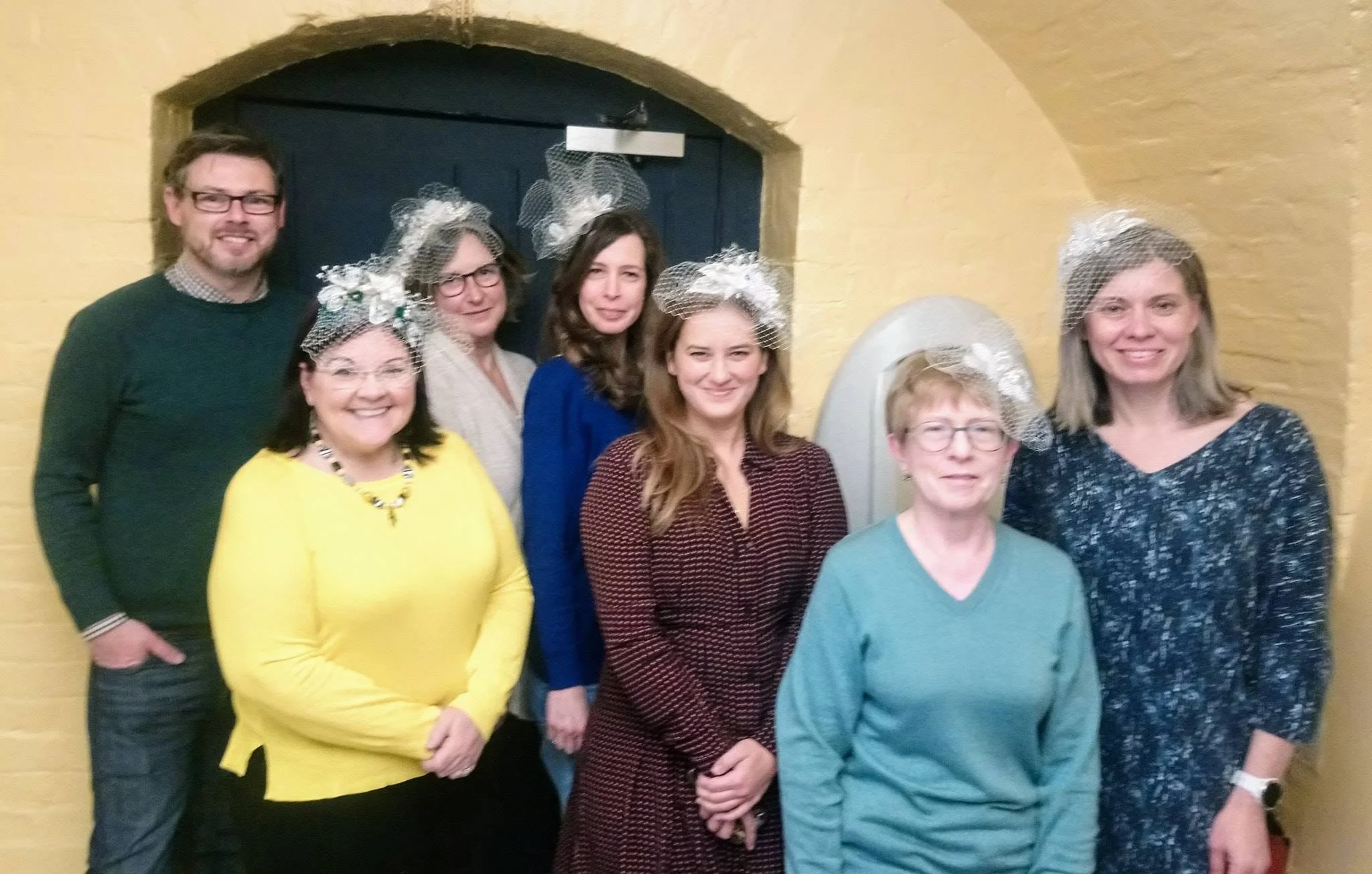 Students with their finished French beaded headpieces at John Paul Millinery's London Hat Week workshop