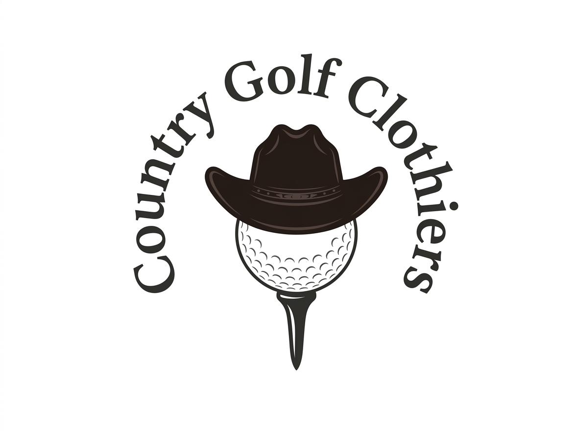 Logo for Country Golf Clothiers featuring a golf ball with a cowboy hat on top, and a tee below, with the brand name arched around it.