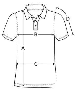 Line drawing of a polo shirt with labeled measurements for collar (D), chest width (B), shirt length (A), and sleeve length (D).