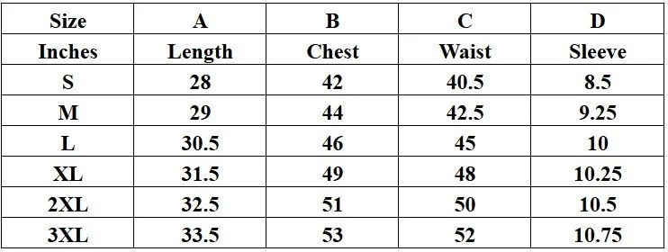 A sizing chart table from a clothing store showing measurements in inches for sizes S to 3XL, including length, chest, waist, and sleeve measurements.
