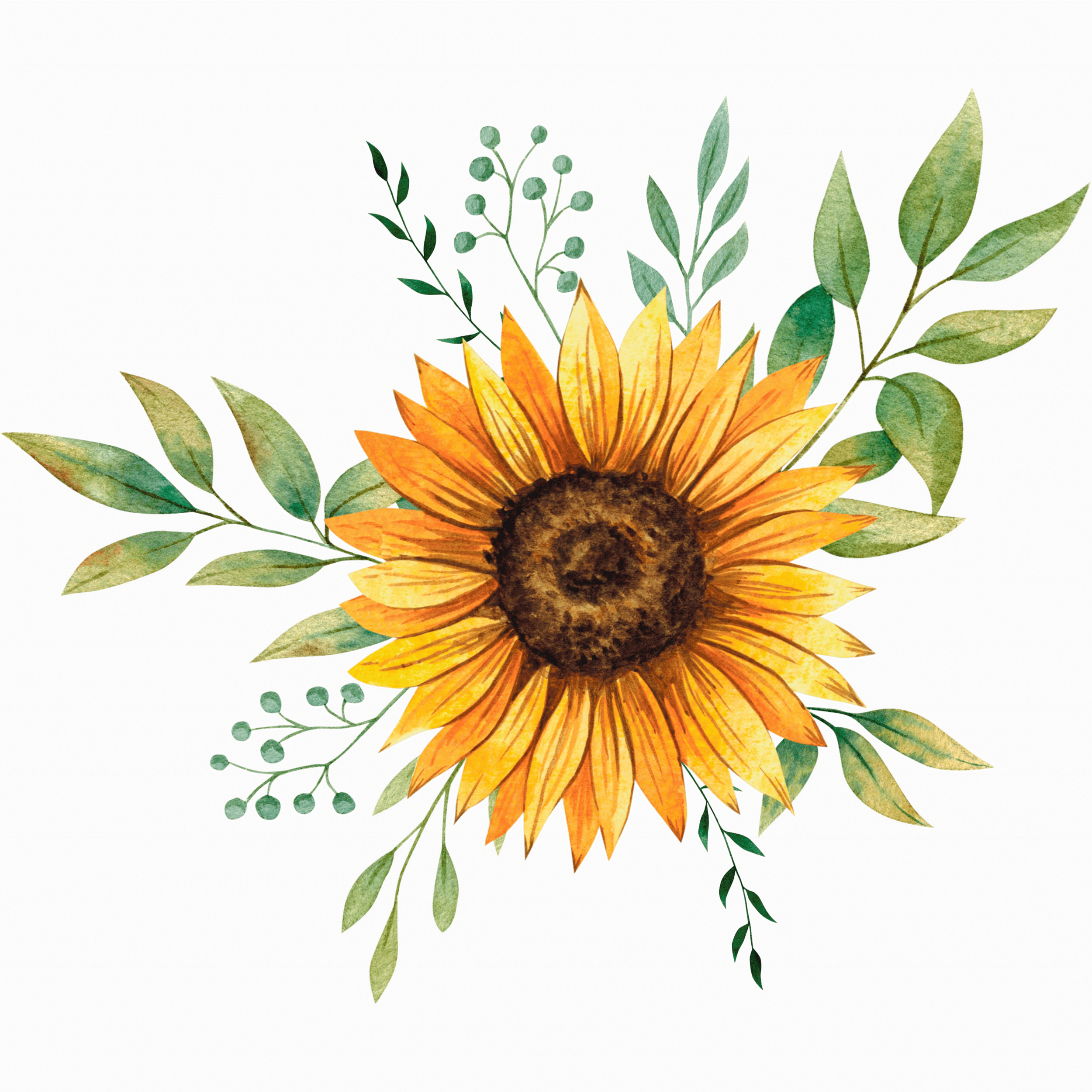 Une composition florale avec un tournesol orange entouré de feuilles vertes et de petites baies, sur un fond vert