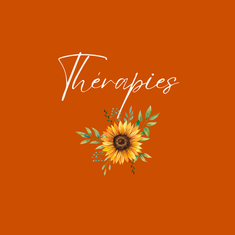 Une image de couleur orange avec un tournesol au centre et le mot 'Thérapies' écrit en script blanc au-dessus du tournesol.